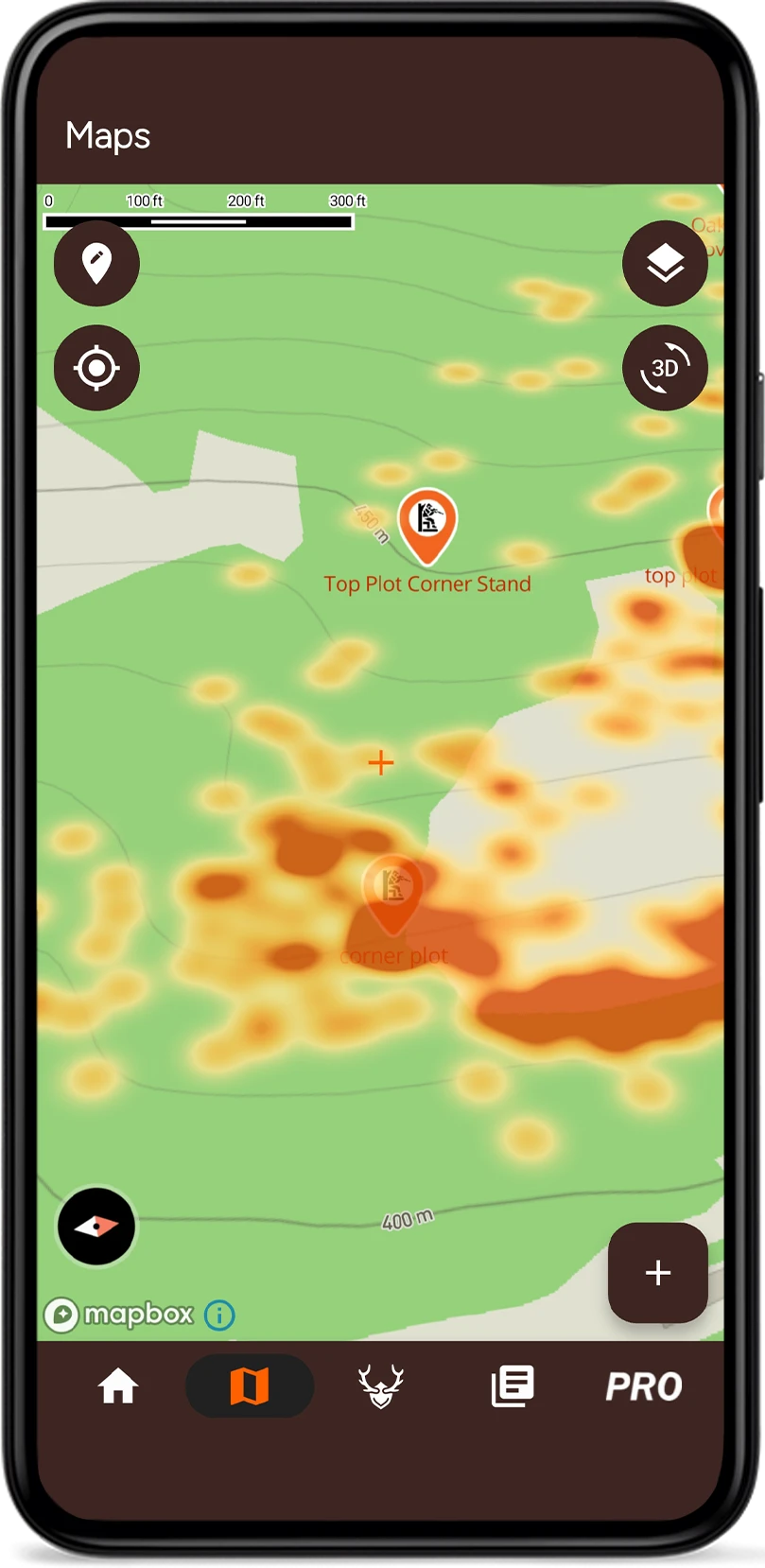 TrophyTracks Pro advanced mapping interface with heat maps, 3D terrain visualization, and offline mapping capabilities for serious hunters