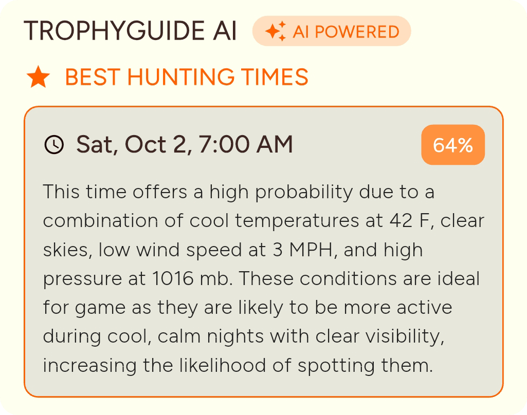 TrophyTracks TrophyGuide interface showing hunting insights, recommended strategies, and optimal conditions