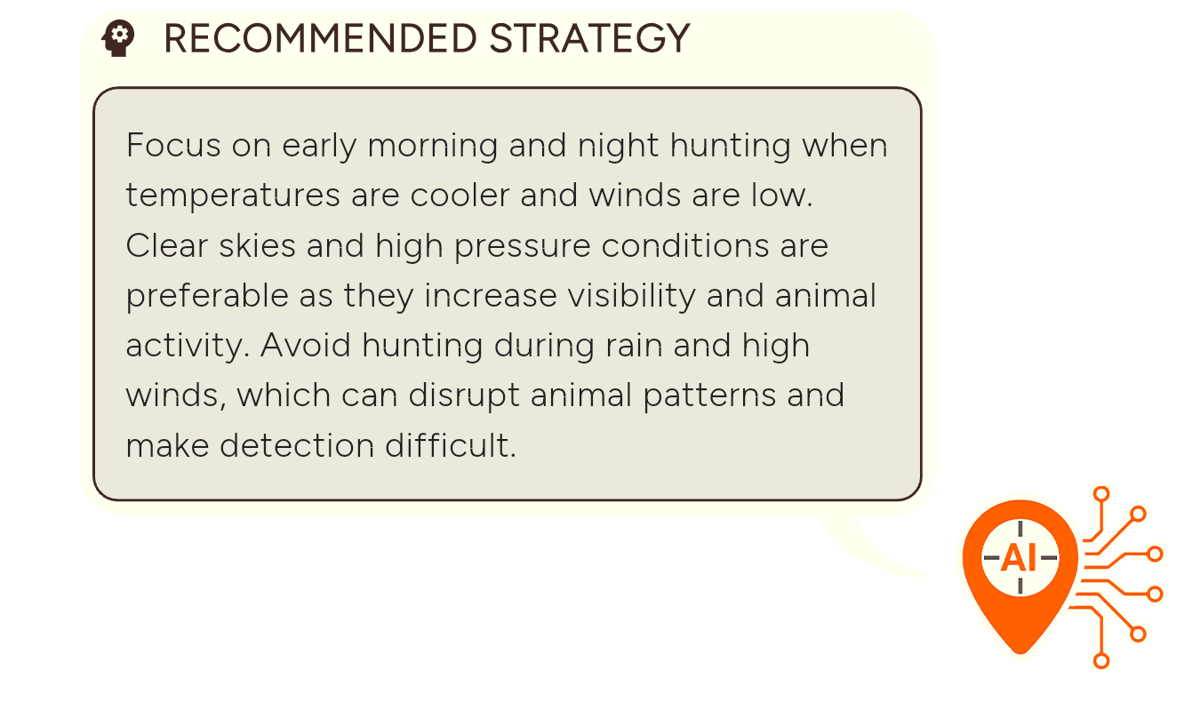 TrophyTracks TrophyPredict AI interface showing game movement probabilities, estimated observations, and optimal hunting days