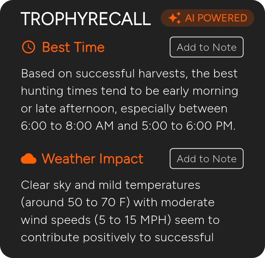 TrophyTracks TrophyRecall AI interface showing similar hunts analysis, success rates, and personalized recommendations